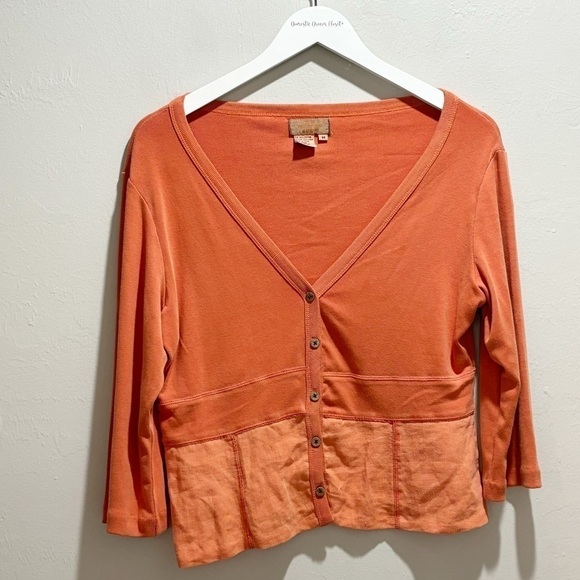 THE TERRITORY AHEAD Women’s Orange V-Neck Button Up Linen Cotton 3/4 Slv Top Med - Picture 1 of 6